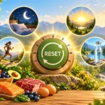 Illustration of a nature wellness reset: sunlight, sleep, movement, whole foods and clean water