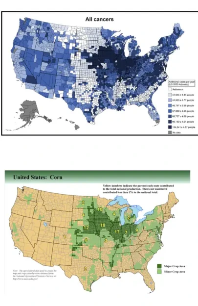US maps comparing cancer rates with glyphosate use in the corn belt